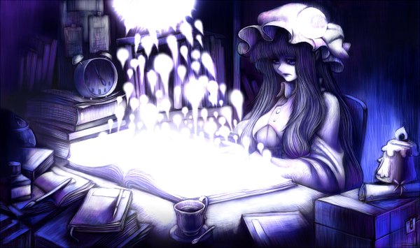 Anime picture 1266x750 with touhou patchouli knowledge aouji long hair wide image sitting purple eyes purple hair monochrome crescent girl book (books) bonnet clock cup alarm clock
