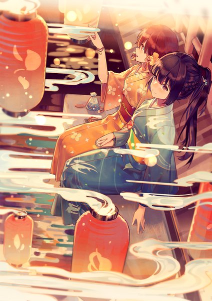 Anime picture 1555x2200 with hibike! euphonium kyoto animation kousaka reina oumae kumiko zicai tang long hair tall image blush short hair open mouth black hair smile brown hair multiple girls brown eyes looking away ponytail braid (braids) traditional clothes japanese clothes