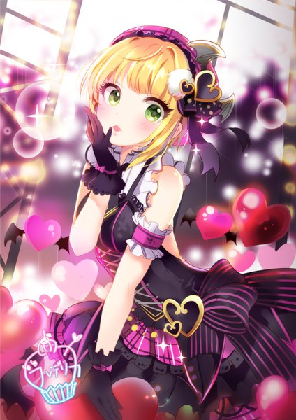 Anime picture 665x941 with idolmaster idolmaster cinderella girls miyamoto frederica chocho (homelessfox) single tall image blush fringe short hair open mouth blonde hair green eyes blunt bangs :o sparkle hand to mouth cute avenue mode girl gloves