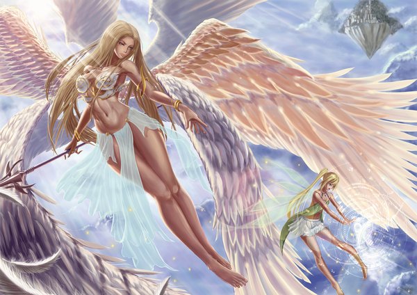Anime picture 2000x1414 with original zgwg long hair highres blue eyes light erotic blonde hair multiple girls ponytail midriff fantasy fairy girl navel 2 girls wings feather (feathers) staff