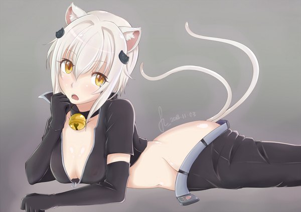 Anime picture 800x565 with highschool dxd toujou koneko souryu single looking at viewer blush fringe short hair breasts open mouth light erotic simple background hair between eyes signed animal ears yellow eyes ass white hair tail lying