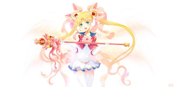 Anime picture 2000x1000 with bishoujo senshi sailor moon toei animation tsukino usagi sailor moon sorolp single long hair looking at viewer highres open mouth blue eyes blonde hair wide image white background twintails girl thighhighs skirt gloves hair ornament