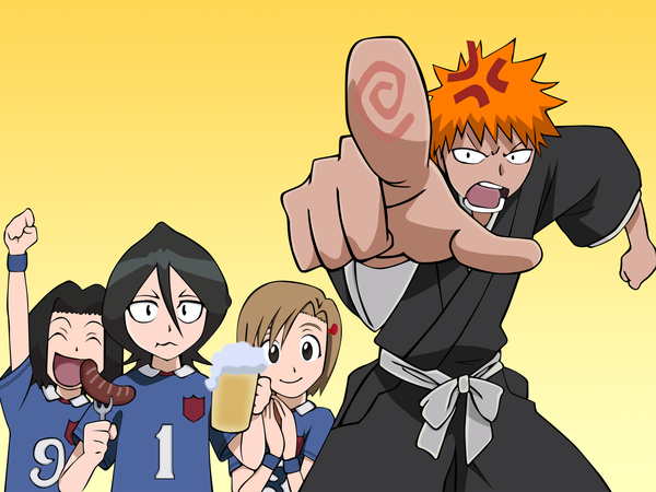 Anime picture 1600x1200 with bleach studio pierrot kurosaki ichigo kuchiki rukia kurosaki yuzu kurosaki karin vector yellow background pointing food keigo asano