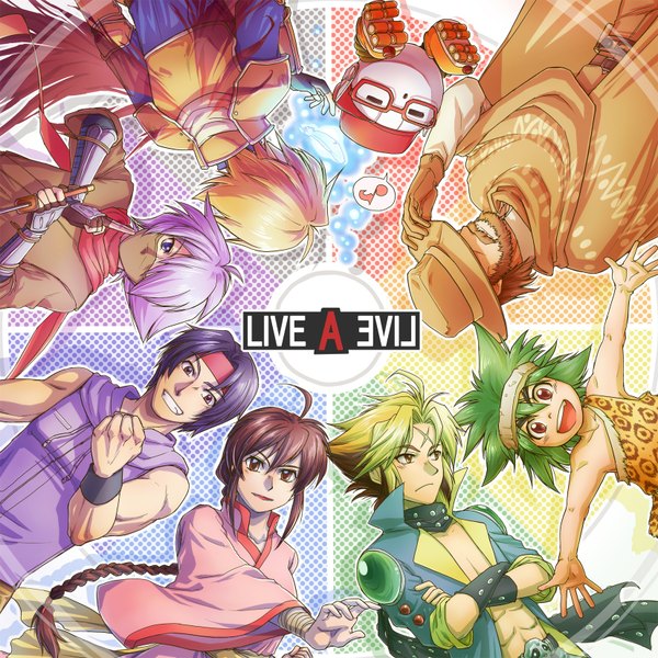 Anime picture 1654x1654 with live a live (game) pogo (live a live) cube (live a live) sundown kid (live a live) oboro-maru (live a live) kuugo rei (live a live) tadokoro akira (live a live) takahara masaru (live a live) oersted (live a live) kitsune jirou long hair short hair open mouth blue eyes blonde hair smile brown hair brown eyes purple hair braid (braids)