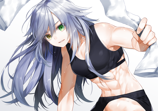Anime picture 1200x847 with original dodome ichika waka (shark waka) single long hair looking at viewer fringe breasts light erotic simple background smile hair between eyes white background bare shoulders holding green eyes yellow eyes silver hair parted lips teeth