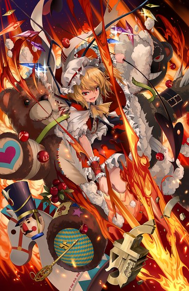 Anime picture 913x1400 with touhou flandre scarlet neko (yanshoujie) single tall image fringe short hair open mouth blonde hair hair between eyes red eyes looking away :d sparkle girl weapon hat sword wings toy