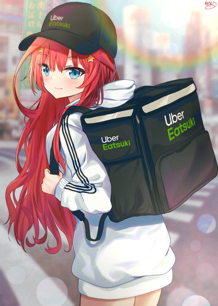 Anime picture 1500x2098 with go-toubun no hanayome uber eats nakano itsuki akino ell single long hair tall image looking at viewer blush fringe blue eyes hair between eyes standing signed outdoors red hair long sleeves looking back light smile from behind
