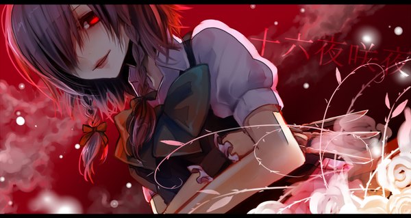 Anime picture 1500x798 with touhou izayoi sakuya hijiri-ssh fringe short hair red eyes wide image sky purple hair braid (braids) light smile hair over one eye maid hieroglyph letterboxed crossed arms red sky girl flower (flowers) bow