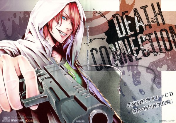 Anime picture 2142x1500 with death connection vicious (dc) tagme (artist) fringe highres red hair aqua eyes hair over one eye grin piercing eyebrow piercing boy weapon gun hood