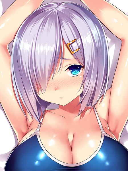 Anime picture 851x1134 with kantai collection hamakaze destroyer tsukumiya amane single tall image looking at viewer blush fringe breasts blue eyes light erotic large breasts cleavage silver hair upper body hair over one eye arms up armpit (armpits) embarrassed shiny skin