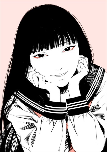 Anime picture 2634x3723 with original hiakko single long hair tall image looking at viewer fringe highres black hair simple background smile parted lips black eyes monochrome pink background hands on face girl uniform school uniform serafuku