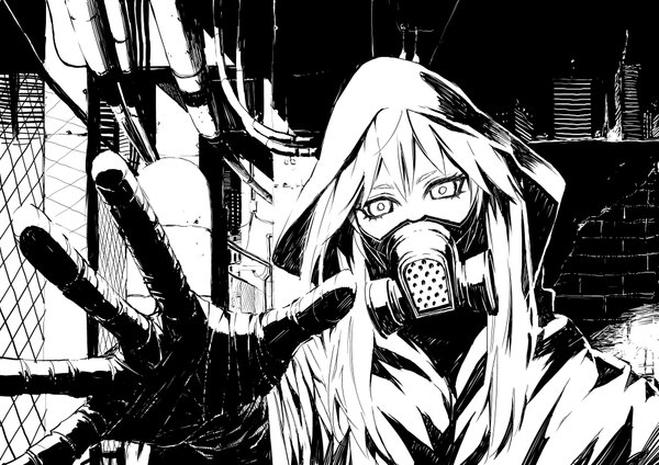 Anime picture 1920x1358 with original idsuru921 single long hair looking at viewer highres monochrome girl hood mask bandage (bandages) hand skyscraper respirator