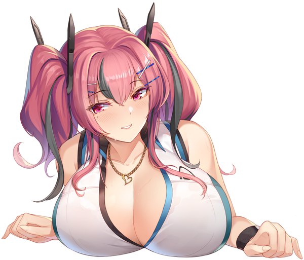 Anime picture 2000x1710 with azur lane bremerton (azur lane) bremerton (scorching-hot training) (azur lane) btraphen single long hair looking at viewer blush fringe highres breasts light erotic simple background hair between eyes large breasts white background bare shoulders pink hair cleavage lying