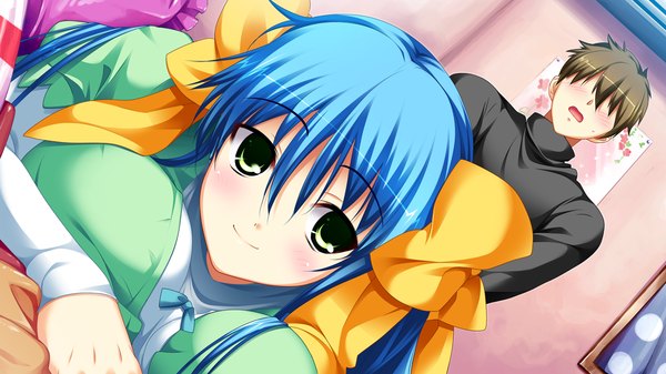 Anime picture 1280x720 with asa project ren'ai 0 kilometer kinomoto mayo hiiragi akeo (artist) long hair blush short hair open mouth brown hair wide image green eyes blue hair game cg girl boy bow hair bow