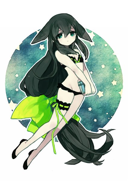 Anime picture 620x874 with gatchaman crowds tatsunoko utsutsu puddingpudding single tall image looking at viewer fringe light erotic black hair hair between eyes white background green eyes animal ears very long hair sad girl bow swimsuit hair bow