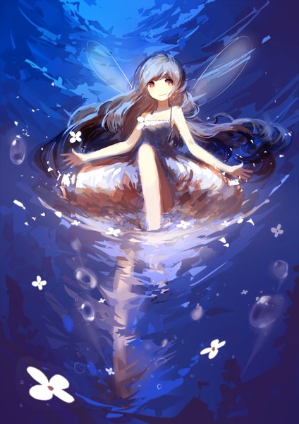 Anime-Bild 2000x2828 mit original prophet chu single long hair tall image looking at viewer highres smile red eyes blue hair insect wings swimming girl dress flower (flowers) wings water bubble (bubbles)