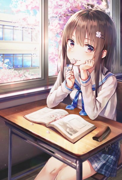 Anime picture 816x1200 with original huwari (dnwls3010) single long hair tall image looking at viewer blush fringe smile hair between eyes red eyes brown hair sitting holding payot sky cloud (clouds) indoors cherry blossoms lens flare