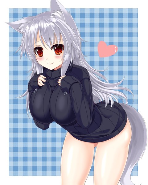 Anime picture 1081x1350 with original sogaya single long hair tall image blush breasts light erotic smile red eyes large breasts animal ears silver hair animal tail girl sweater