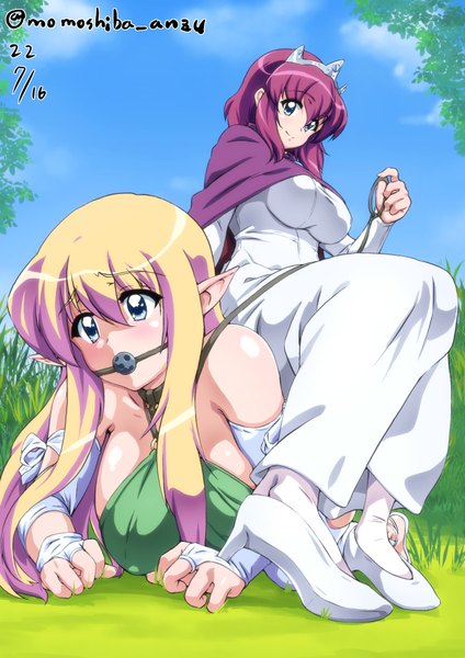 Anime picture 723x1023 with zero no tsukaima j.c. staff tiffania westwood henrietta de tristain nafta long hair tall image looking at viewer blush fringe short hair breasts blue eyes light erotic blonde hair smile hair between eyes large breasts sitting bare shoulders