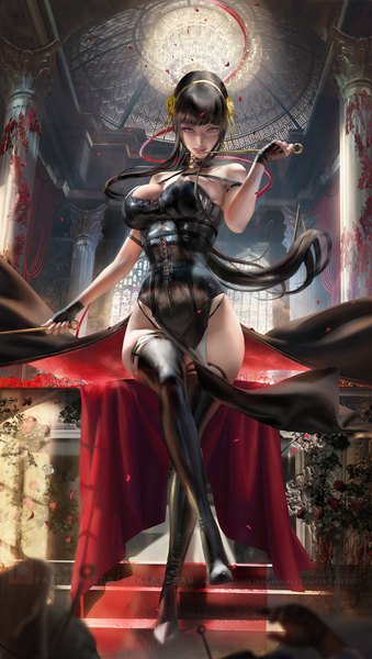 Anime picture 2263x4000 with spy x family yor briar sakimichan single long hair tall image looking at viewer fringe highres breasts light erotic black hair red eyes large breasts sitting holding full body indoors blunt bangs arm up