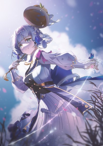 Anime picture 2480x3508 with genshin impact kamisato ayaka kamisato ayaka (springbloom missive) yiyu qing mang single tall image looking at viewer fringe highres short hair smile standing holding sky cloud (clouds) blunt bangs long sleeves wind mole dutch angle