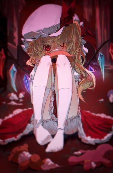 Anime picture 1637x2501 with touhou flandre scarlet mont blanca single long hair tall image looking at viewer fringe blonde hair red eyes sitting full body hair over one eye side ponytail girl hat wings socks blood white socks