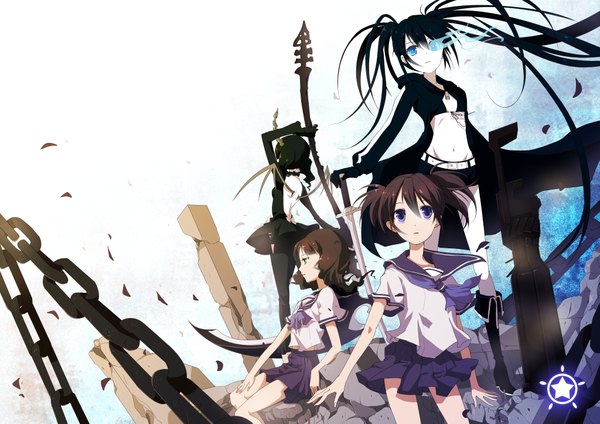 Anime picture 4093x2894 with black rock shooter black rock shooter (character) dead master kuroi mato takanashi yomi hiiro (kikokico) kiko (artist) long hair highres short hair blue eyes black hair simple background brown hair standing sitting twintails purple eyes multiple girls green eyes