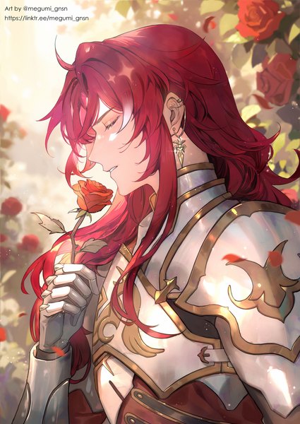 Anime picture 1129x1594 with honkai: star rail honkai (series) argenti (honkai: star rail) megumi gnsn single long hair tall image holding signed upper body red hair eyes closed profile boy flower (flowers) earrings armor rose (roses) red rose