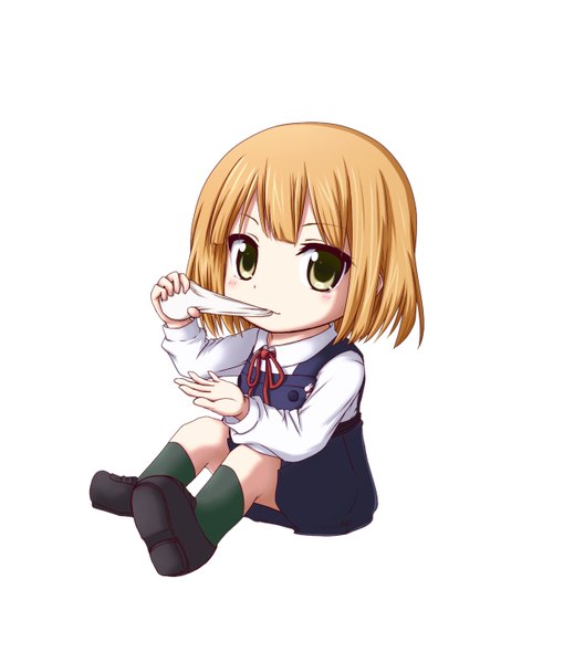 Anime picture 1280x1480 with tamako market kyoto animation tokiwa midori kuena single tall image short hair blonde hair simple background white background yellow eyes eating chibi girl uniform school uniform socks wagashi mochi