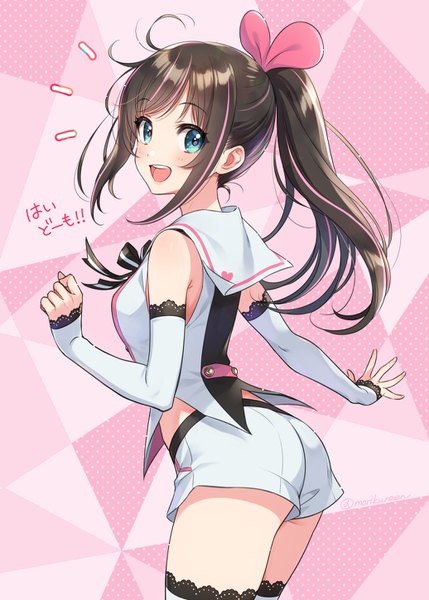 Anime picture 1036x1450 with virtual youtuber a.i. channel kizuna ai morikura en single long hair tall image looking at viewer blush fringe breasts open mouth simple background smile brown hair standing payot ponytail :d looking back