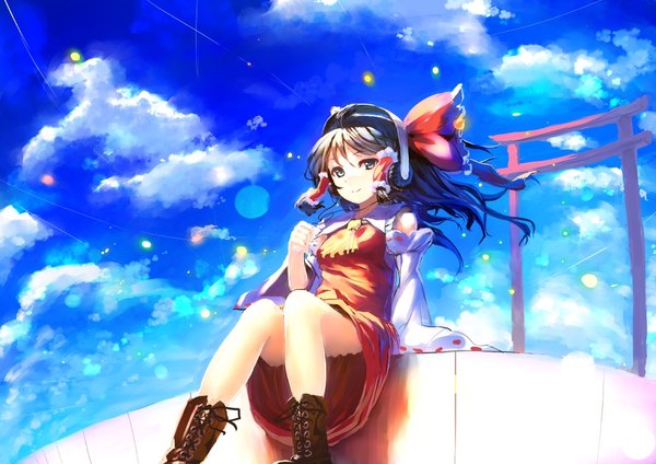 Anime picture 1052x744 with touhou hakurei reimu polpol single long hair looking at viewer smile brown hair sitting holding brown eyes sky cloud (clouds) bent knee (knees) long sleeves wind wide sleeves bare legs dutch angle girl