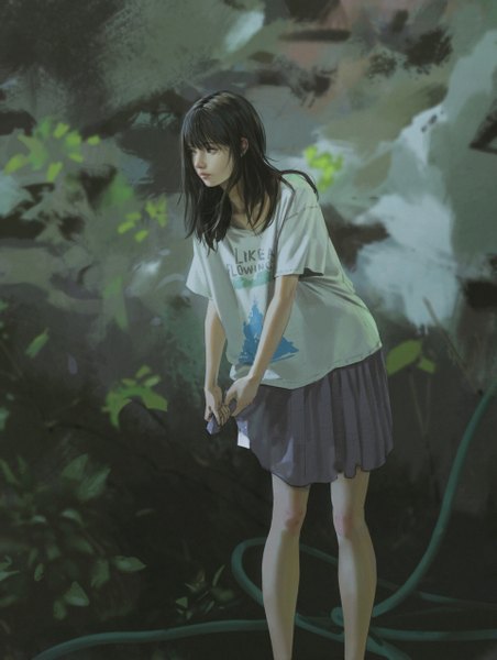 Anime picture 1920x2544 with original rui li single long hair tall image fringe highres black hair standing looking away outdoors pleated skirt black eyes realistic leaning leaning forward clothes writing girl skirt t-shirt