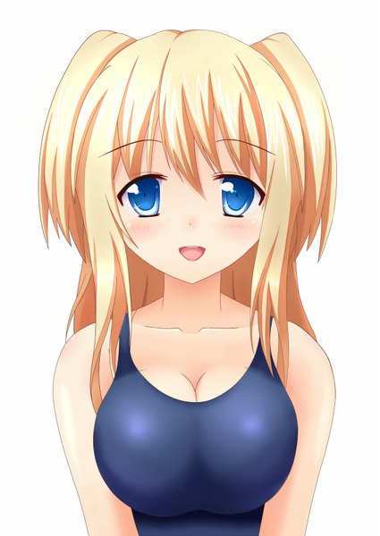 Anime picture 1253x1770 with original aneten long hair tall image looking at viewer blush open mouth blue eyes light erotic blonde hair white background bare shoulders girl swimsuit