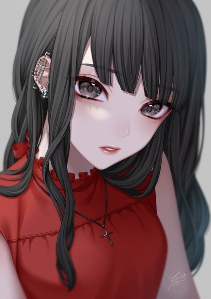Anime picture 848x1200 with original ca yu single long hair tall image looking at viewer fringe black hair simple background signed upper body blunt bangs parted lips black eyes grey background sleeveless piercing ear piercing girl cross