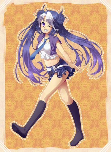 Anime picture 800x1091 with original vali (valiryn) single long hair tall image smile purple eyes twintails purple hair pleated skirt one eye closed wink midriff hair bun (hair buns) grin hands behind back girl skirt navel necktie