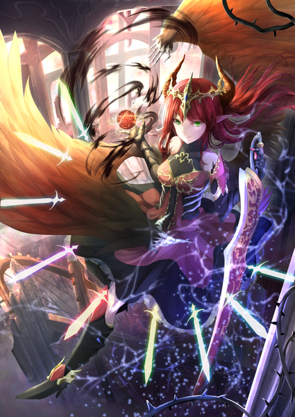 Anime picture 850x1200 with original koroneko single long hair tall image smile green eyes animal ears red hair horn (horns) pointy ears girl dress weapon sword wings boots