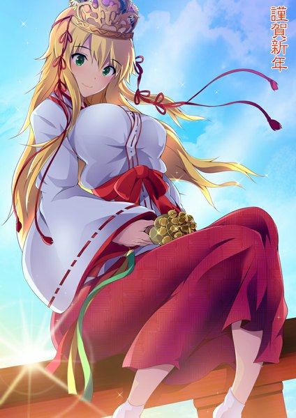 Anime picture 800x1131 with idolmaster hoshii miki maruwa tarou single long hair tall image blonde hair green eyes traditional clothes japanese clothes miko girl hair ornament bell jingle bell kagura suzu
