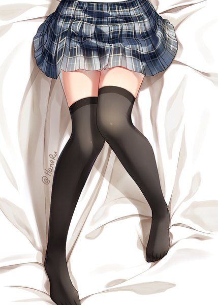 Anime picture 1200x1679 with original haneru single tall image signed bent knee (knees) pleated skirt no shoes zettai ryouiki legs twitter username plaid skirt close-up head out of frame girl thighhighs skirt black thighhighs