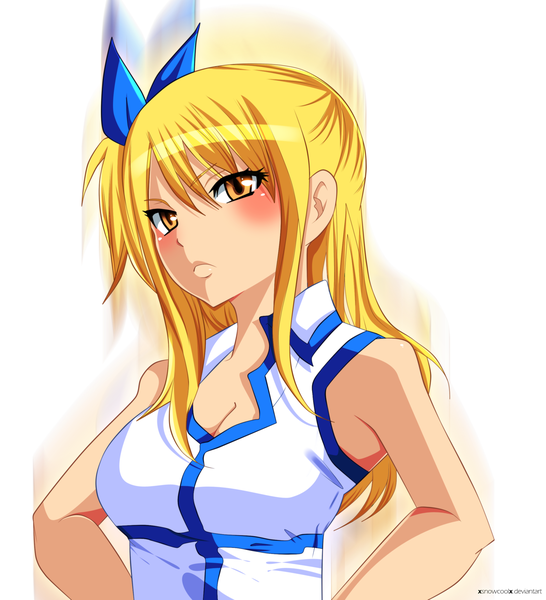 Anime picture 1600x1758 with fairy tail lucy heartfilia xsnowcoolx single long hair tall image blush simple background blonde hair white background yellow eyes ponytail coloring side ponytail girl bow hair bow