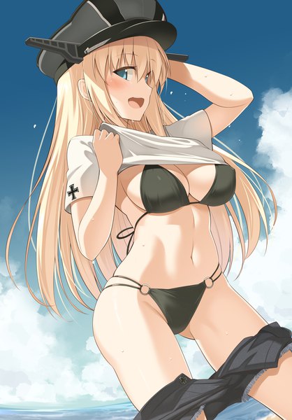 Anime picture 1255x1800 with kantai collection bismarck battleship oota yuuichi single long hair tall image looking at viewer blush fringe breasts open mouth blue eyes light erotic blonde hair smile hair between eyes large breasts sky cloud (clouds) outdoors