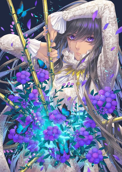 Anime picture 1000x1414 with original minami (minami373916) single long hair tall image looking at viewer fringe breasts black hair hair between eyes standing purple eyes holding long sleeves nail polish fingernails lips arms up floral print black background