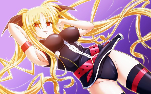 Anime picture 2560x1600 with mahou shoujo lyrical nanoha fate testarossa tappa (esperanza) single long hair looking at viewer highres breasts open mouth light erotic blonde hair smile red eyes large breasts twintails girl thighhighs bow hair bow