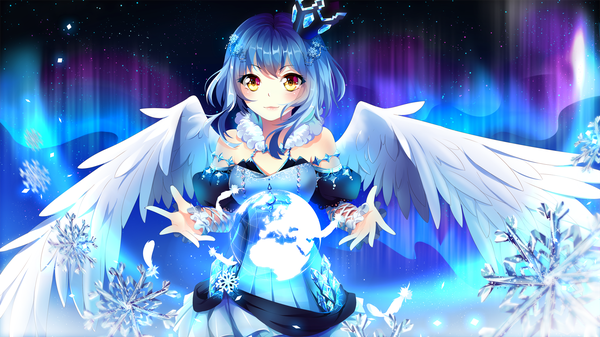 Anime picture 2222x1250 with original phyrnna (squadra) squchan single long hair looking at viewer blush highres smile wide image yellow eyes blue hair night puffy sleeves night sky outstretched arm angel wings aurora borealis girl dress