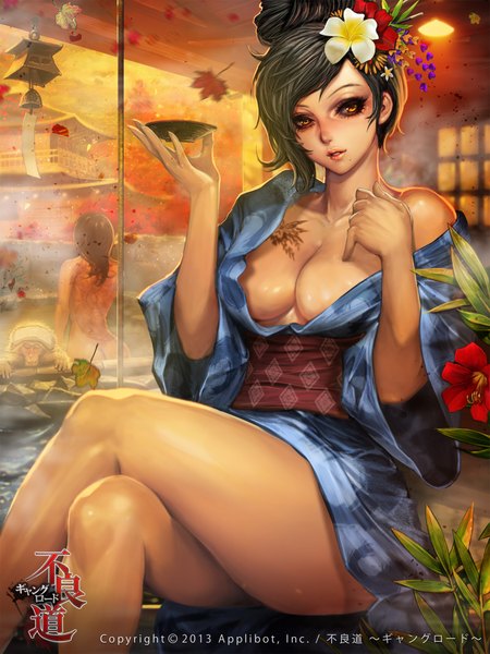 Anime picture 1600x2133 with furyou michi ~gang road~ original xaxak long hair tall image looking at viewer short hair breasts light erotic black hair sitting bare shoulders traditional clothes japanese clothes hair flower mole orange eyes tattoo legs back