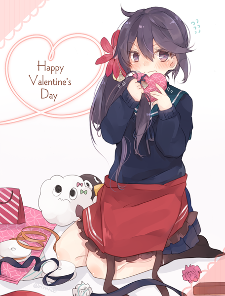 Anime picture 700x920 with kantai collection akebono destroyer failure penguin (kantai collection) miss cloud riruno single long hair tall image blush hair between eyes white background purple eyes looking away purple hair embarrassed text side ponytail english valentine seiza