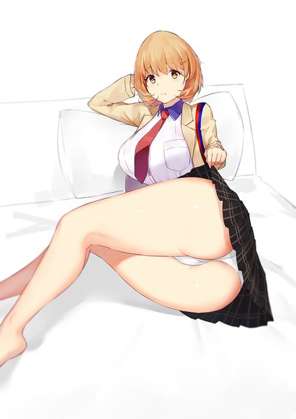 Anime picture 1000x1414 with occultic;nine a-1 pictures narusawa ryouka wujia xiaozi single tall image looking at viewer blush short hair light erotic brown hair brown eyes ass bare legs girl skirt underwear panties miniskirt necktie