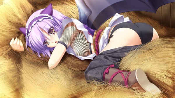 Anime picture 1024x576 with kamidori alchemy meister short hair light erotic wide image yellow eyes game cg purple hair girl underwear panties wings