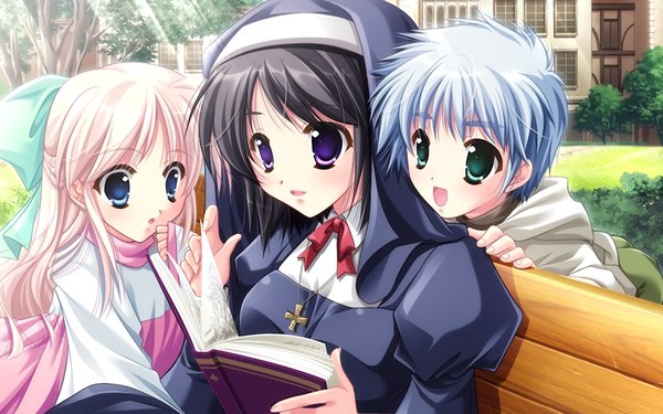 Anime picture 1024x640 with sora wo aogite kumo takaku angelica (sora wo aogite kumo takaku) blue eyes black hair blonde hair wide image purple eyes multiple girls green eyes blue hair game cg girl hairband book (books) child (children)