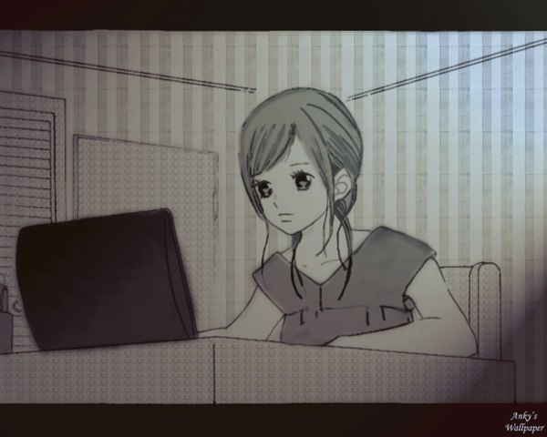 Anime picture 1280x1024 with bokura ga ita nanami takahashi single fringe short hair brown hair sitting monochrome letterboxed girl