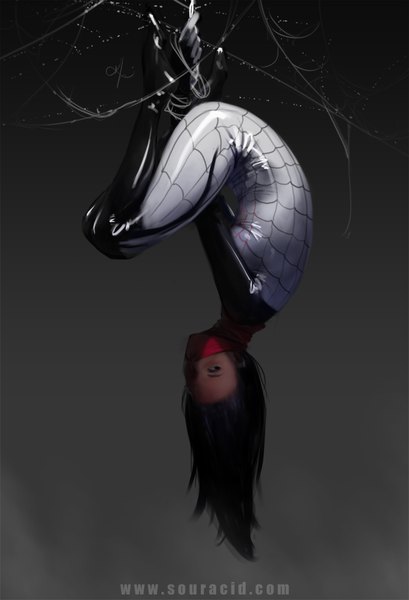 Anime picture 666x977 with marvel comics silk (marvel comics) souracid (artist) single long hair tall image black hair simple background holding signed looking away watermark black background upside down girl bodysuit mask spider web